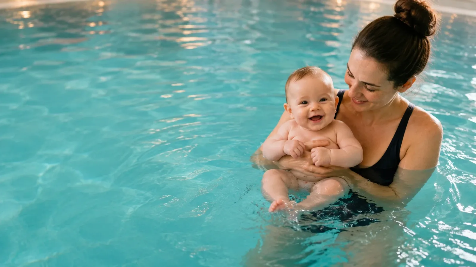 Mutter hält ihr lachendes Baby im warmen Wasser