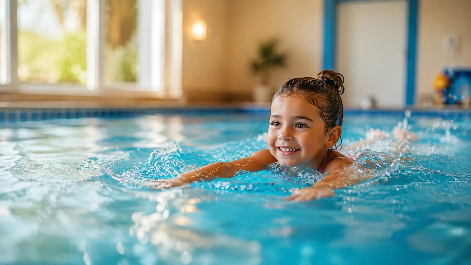 Kind schwimmt lächelnd im warmen Becken