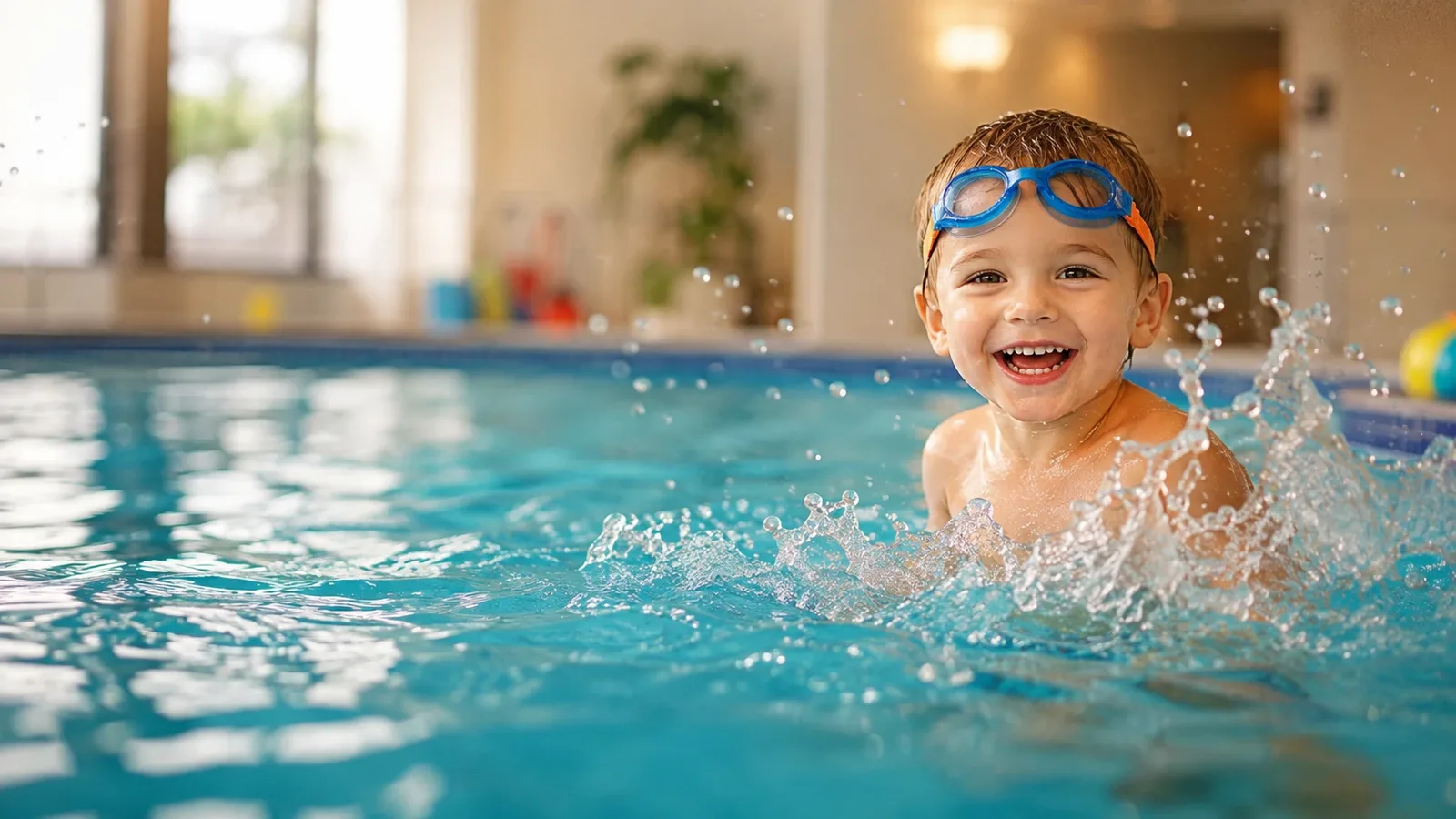 Kind mit Schwimmbrille planscht fröhlich im Wasser